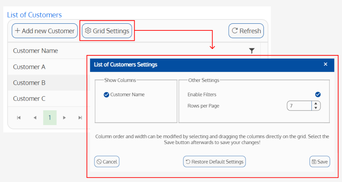 Screenshot of the ChildList Show Grid button