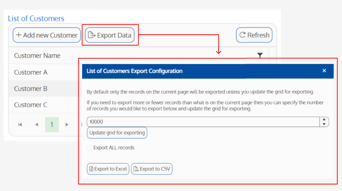 Screenshot of the ChildList Export Data button