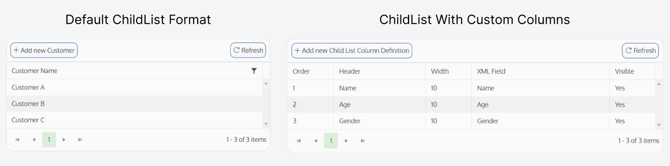 Screenshot of a ChildList with the default format VS a ChildLst with custom columns